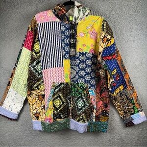 Raj Jacket Womens XL Multicolor Hooded Patchwork Quilted Kantha Full Zip NWT
